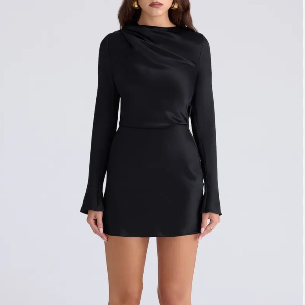 House of CB Mariska Open Back Long Sleeve Satin Cocktail Minidress